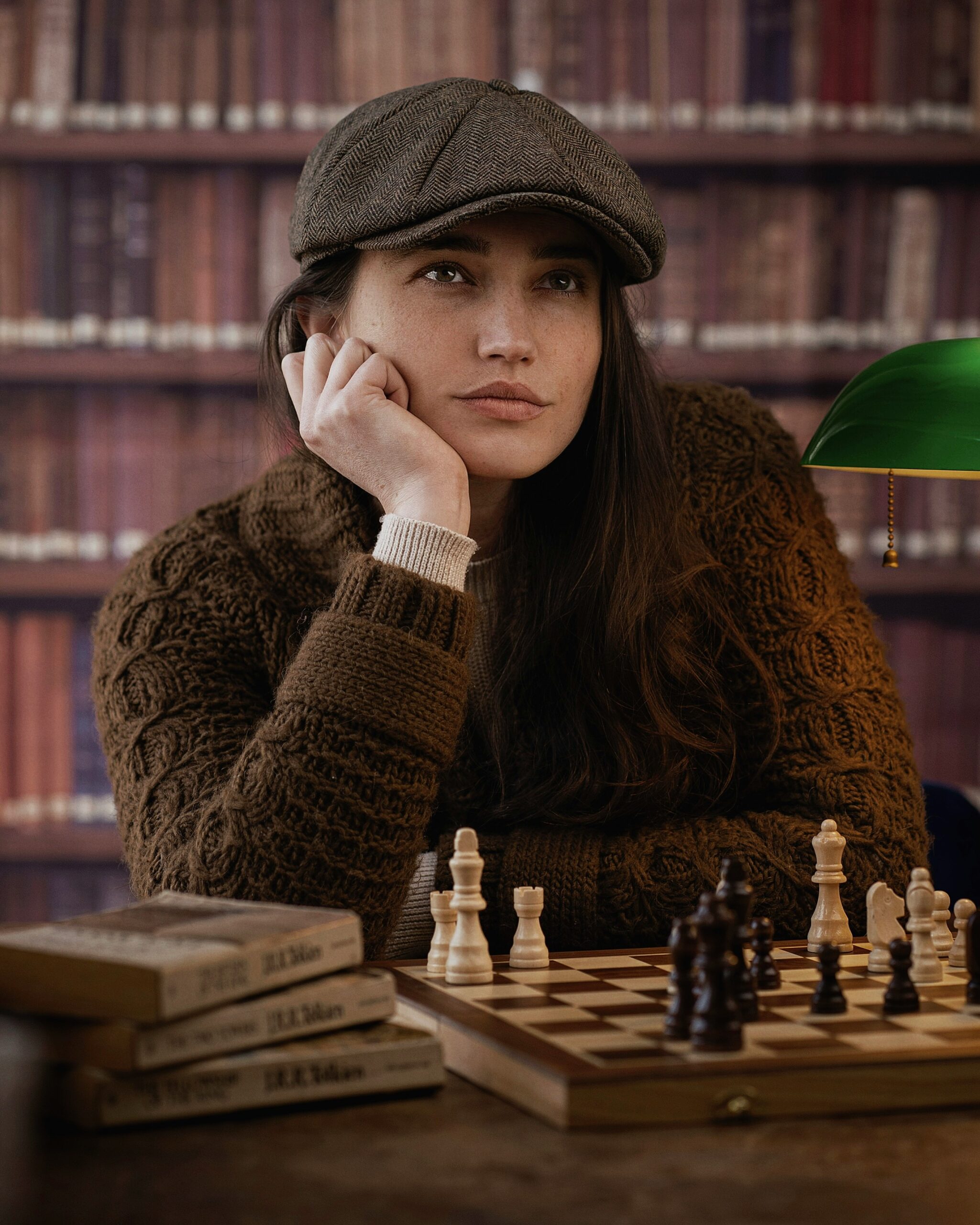 Girl in a dark academia library
