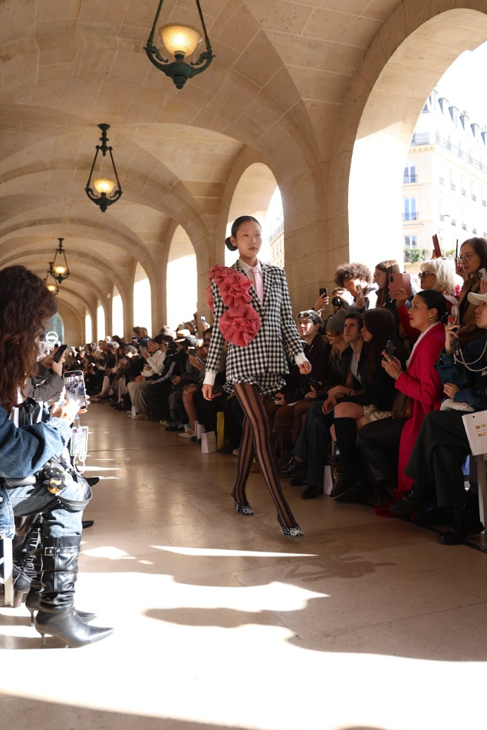 A model on the runway at Paris Fashion Week wearing Shuting Qiu SS26 Collection.