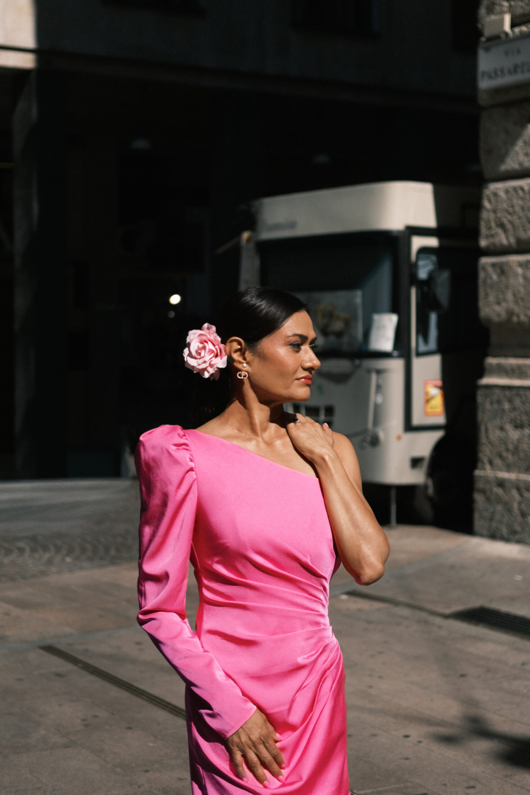 Rina Patel wearing a pink dress from the Gulabi Pink collection by House of Rina at Paris Fashion Week
