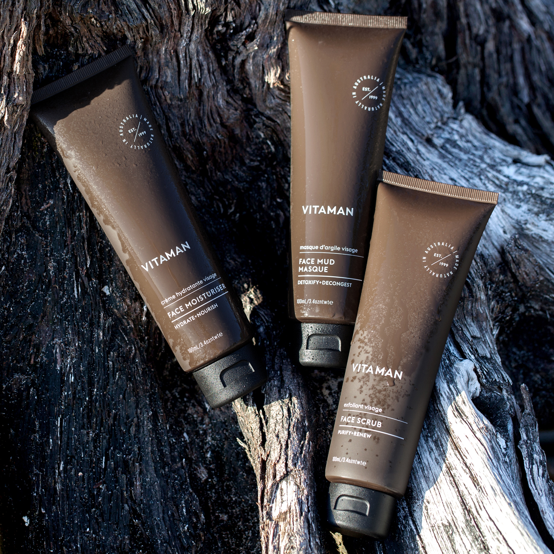 VITAMAN men’s skincare trio including face moisturiser, scrub and mud mask