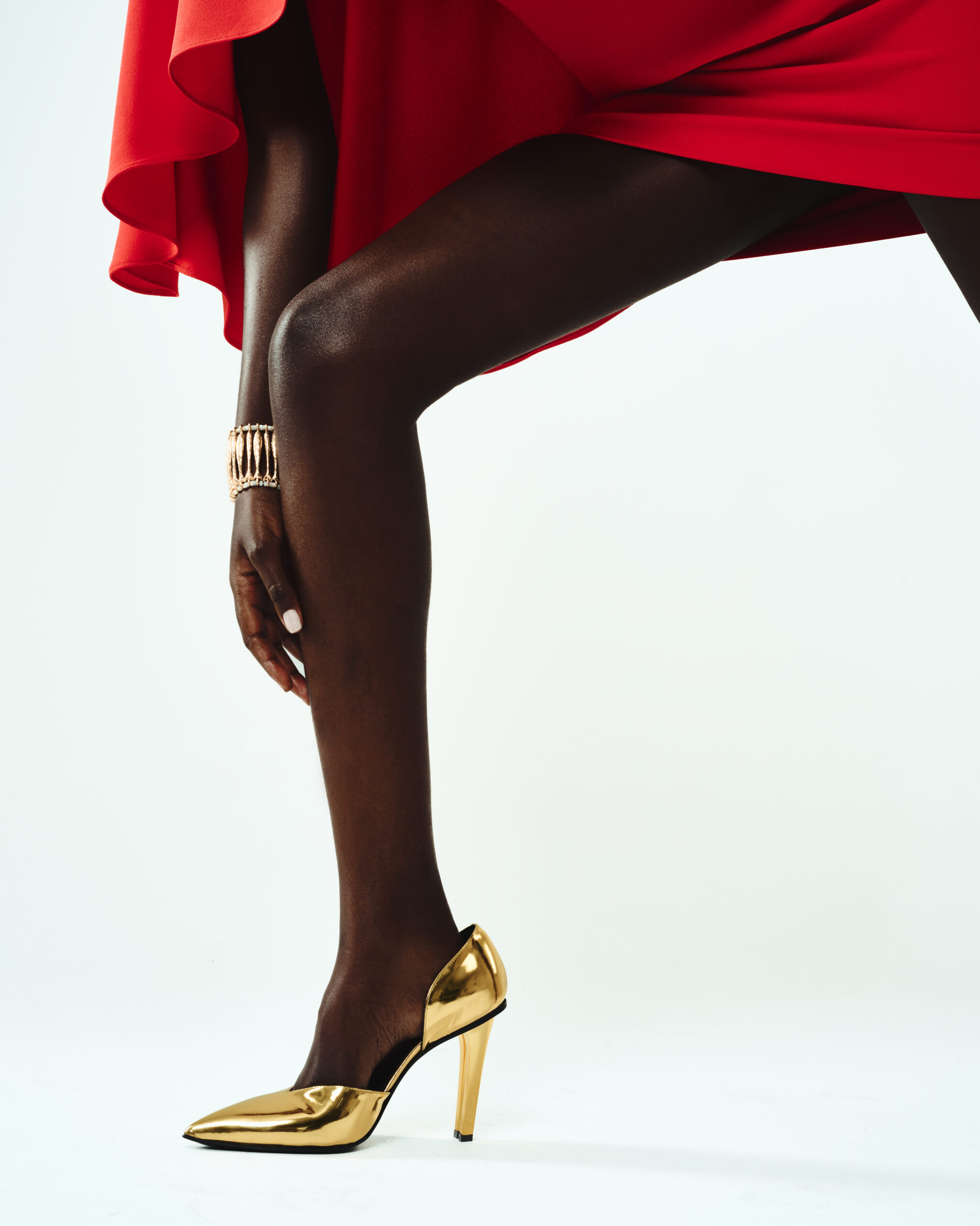 SHEWAK Twin D’Orsay architectural heels in gold, luxury designer footwear
