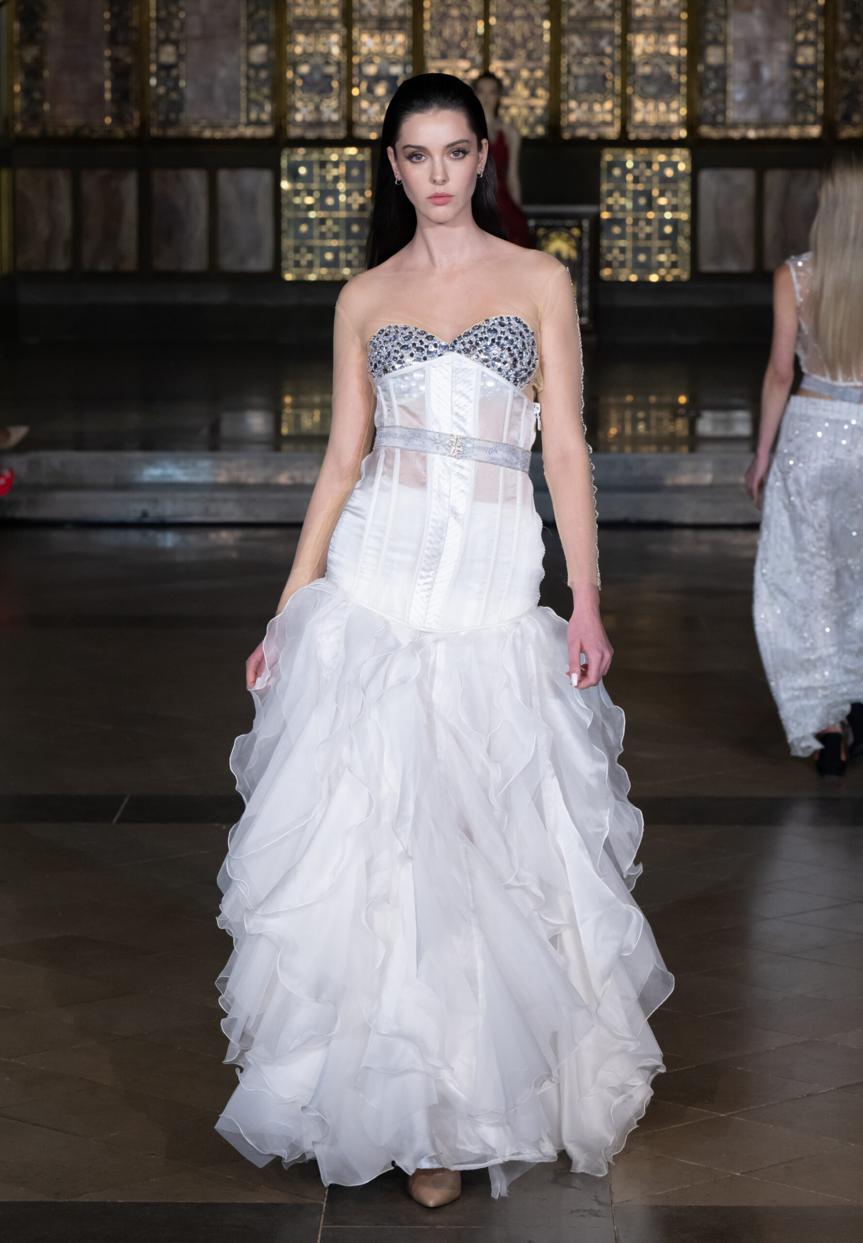 Saanjh by Saloni embellished corset bridal gown with ruffled organza skirt at London Fashion Week AW2026 — Fashion Week and the City, St John's Church, Hyde Park.