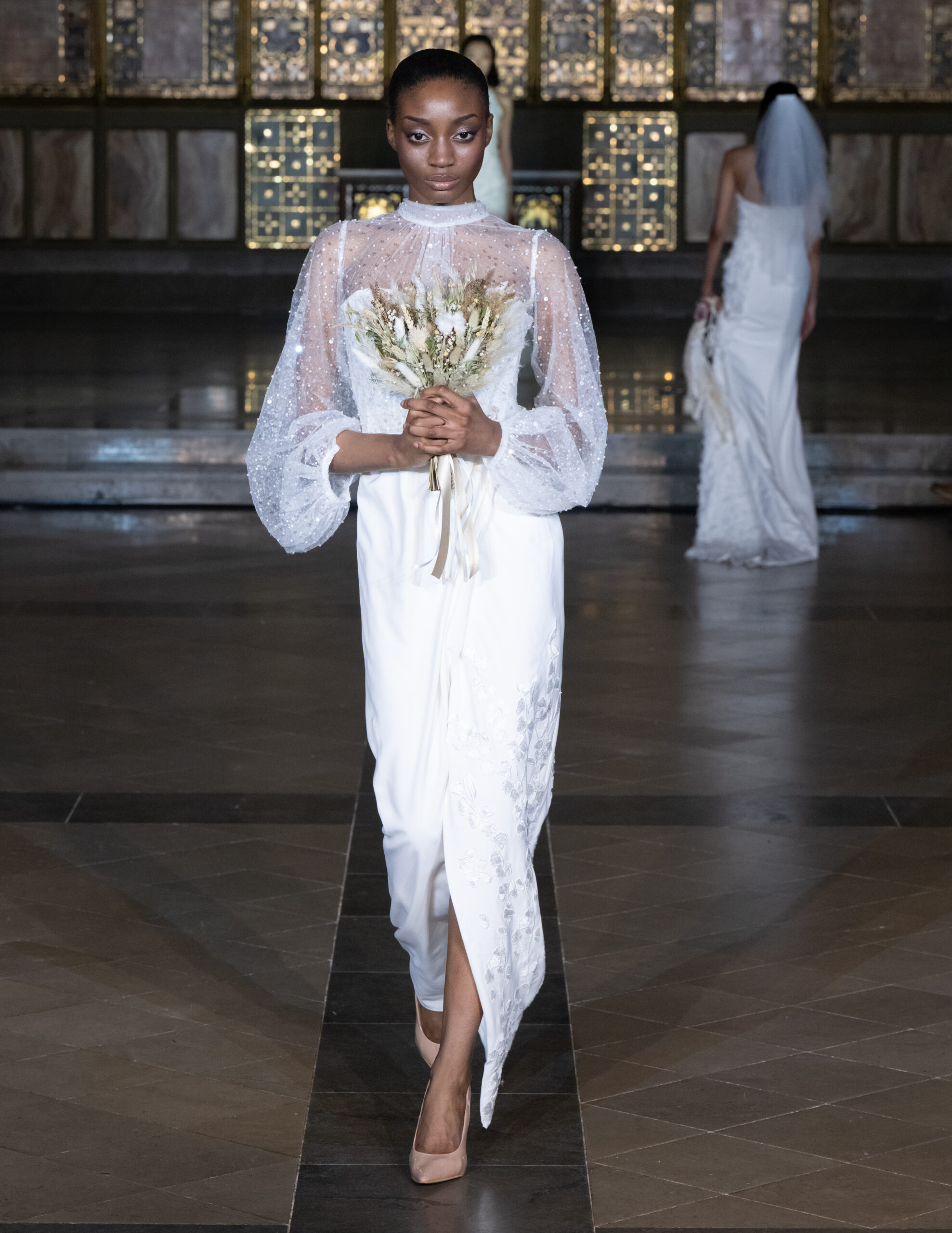 Sheers Bridal Boutique embroidered sheer sleeve bridal gown at London Fashion Week AW2026 — Fashion Week and the City, St John's Church, Hyde Park