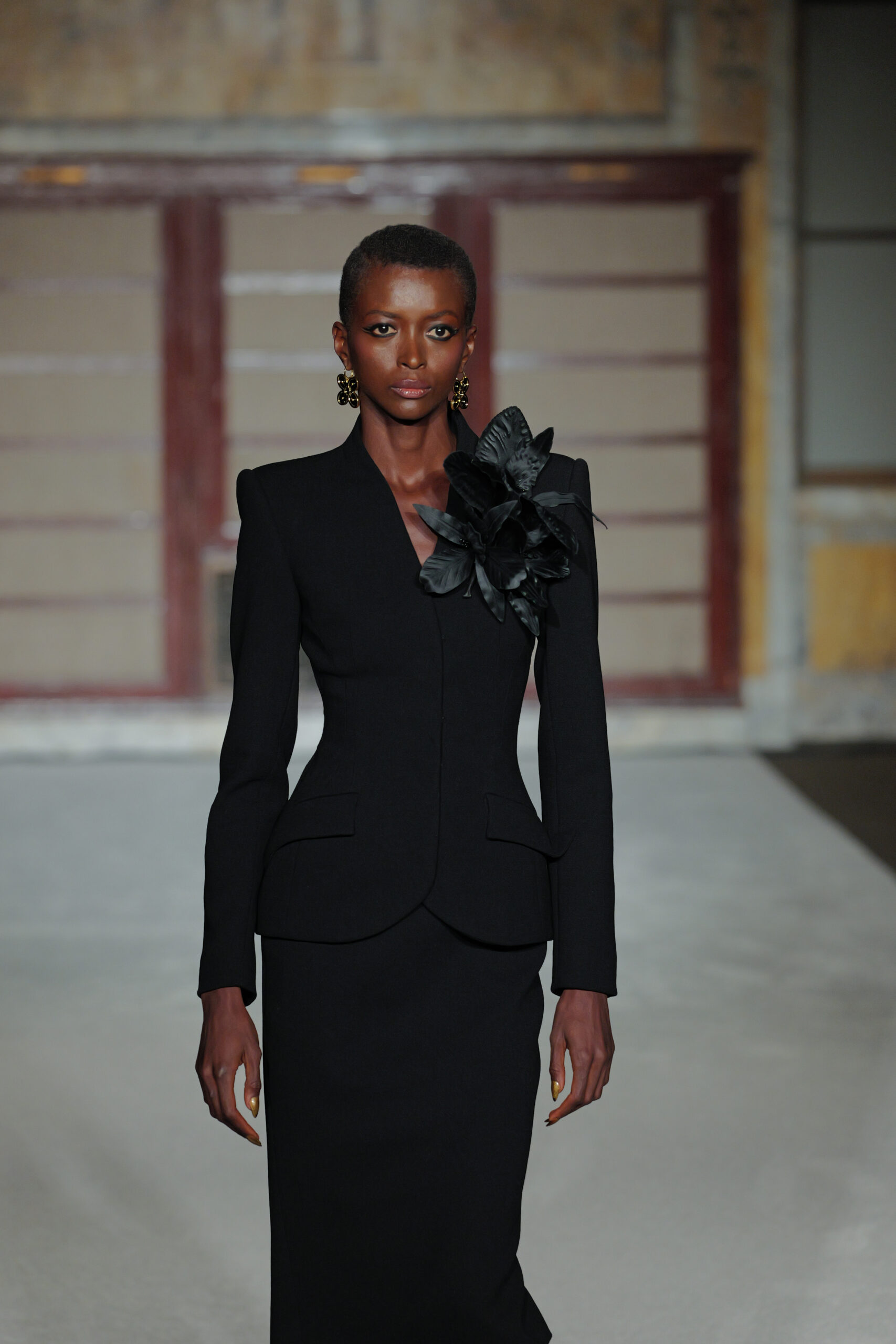 Black structured blazer feather accent pencil skirt Sergio Hudson Fall Winter 2026 NYFW