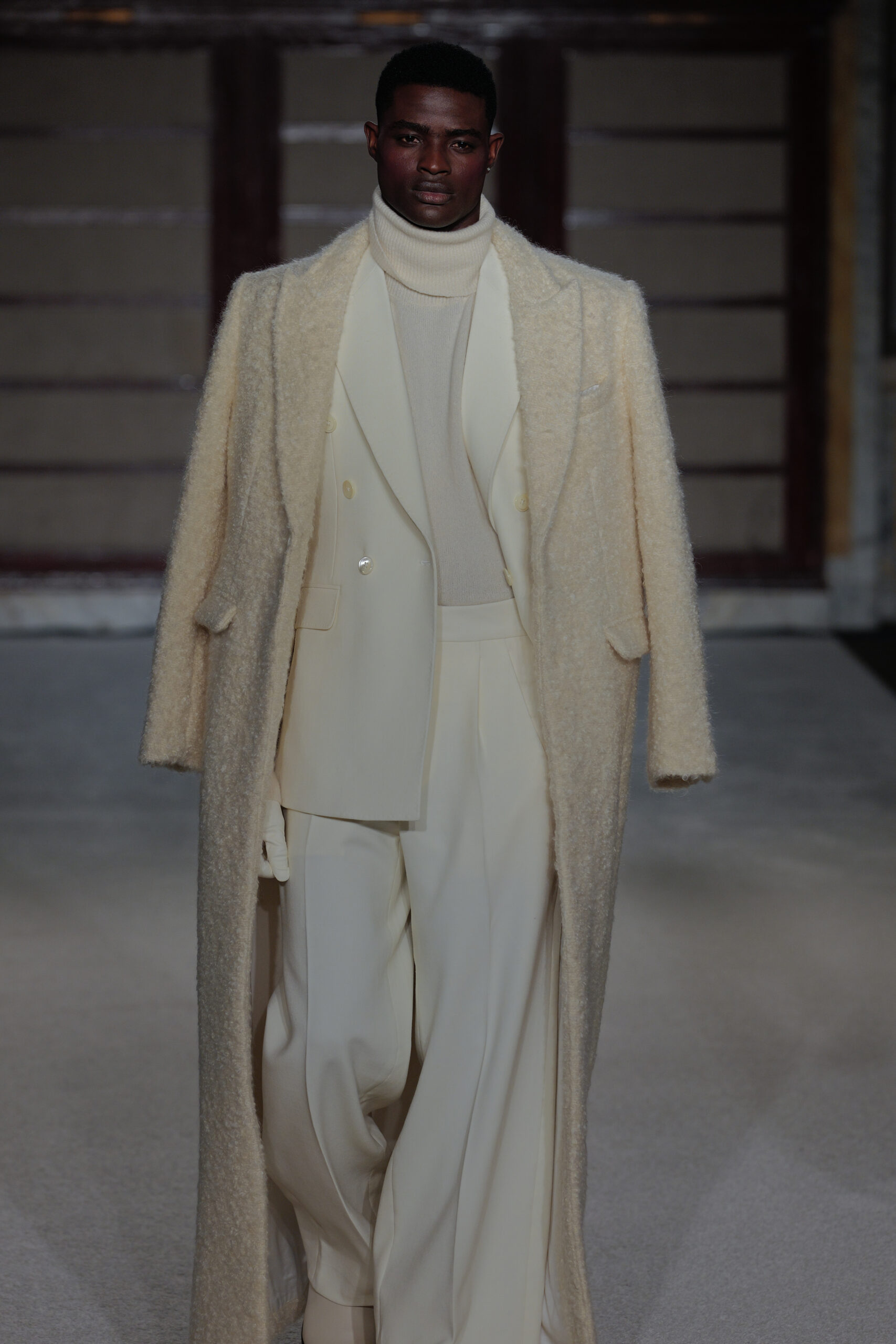 Cream teddy coat ivory suit turtleneck layered tailoring Sergio Hudson New York Fashion Week