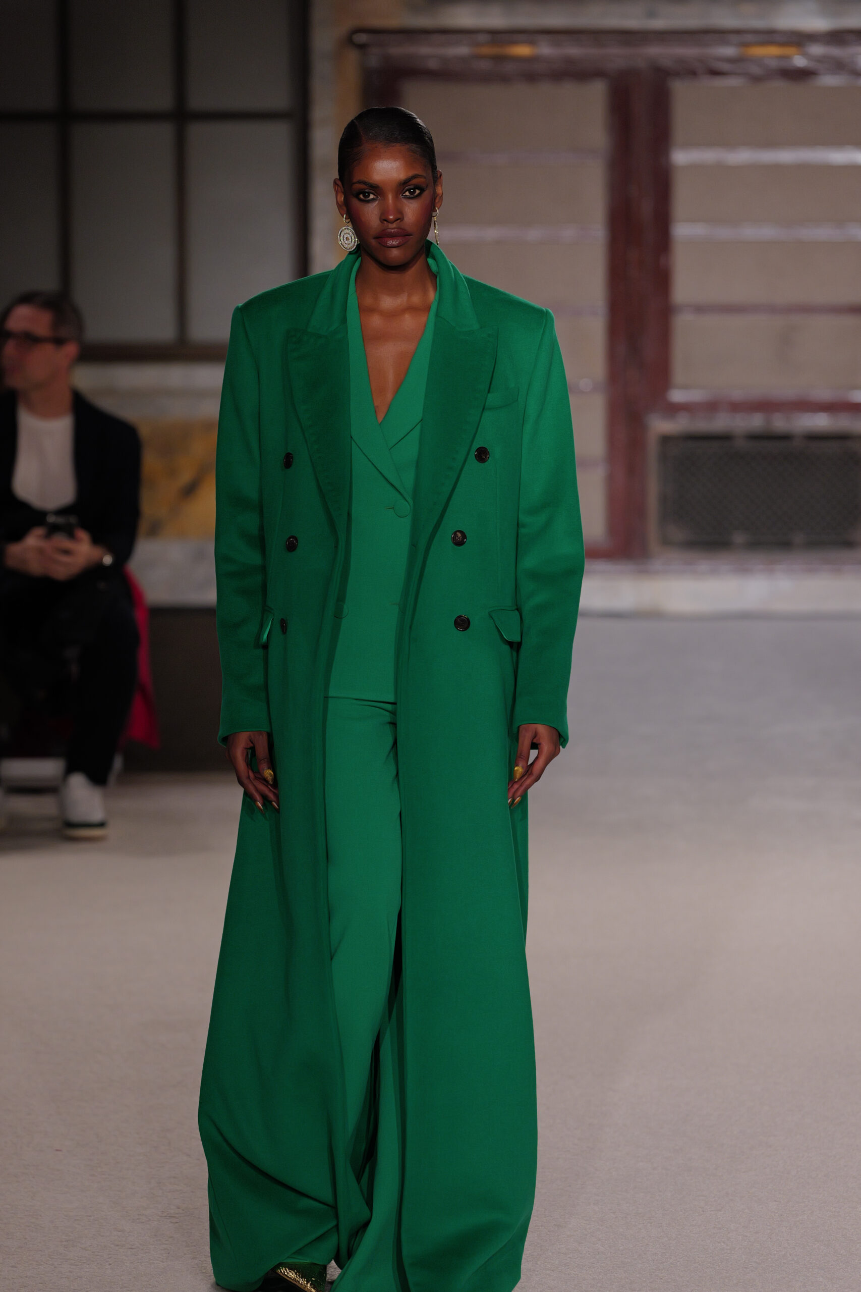 Emerald green double-breasted coat floor-length statement outerwear Sergio Hudson NYFW