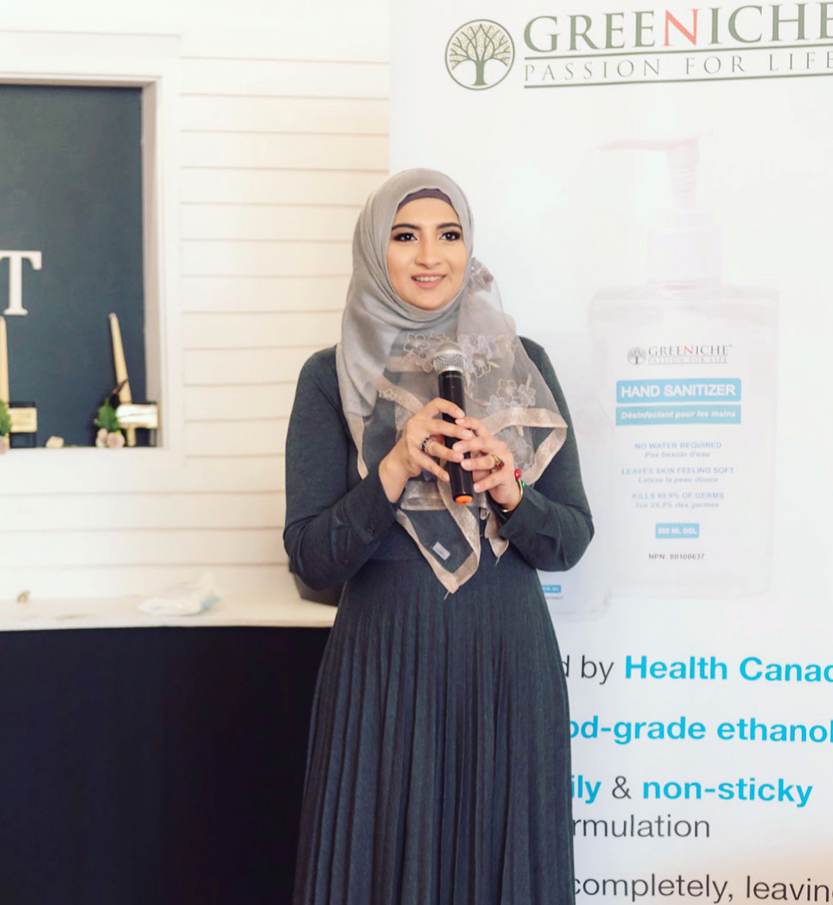 Rumina Rizvi, halal food blogger and community curator, speaking at a Greeniche brand event in Toronto.