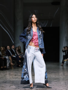 Denim jacket and White and blue denim pants