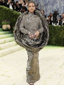Rihanna in a gold sculpture dress